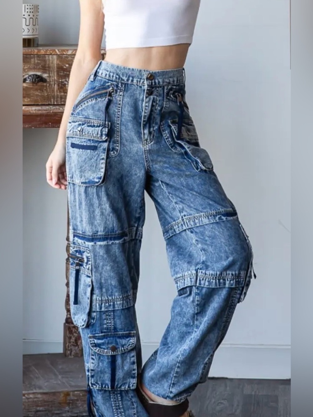 Oli & Hali (OH Jeans) Melanie Washed Cargo Denim Jeans Small NWOT 100% Cotton